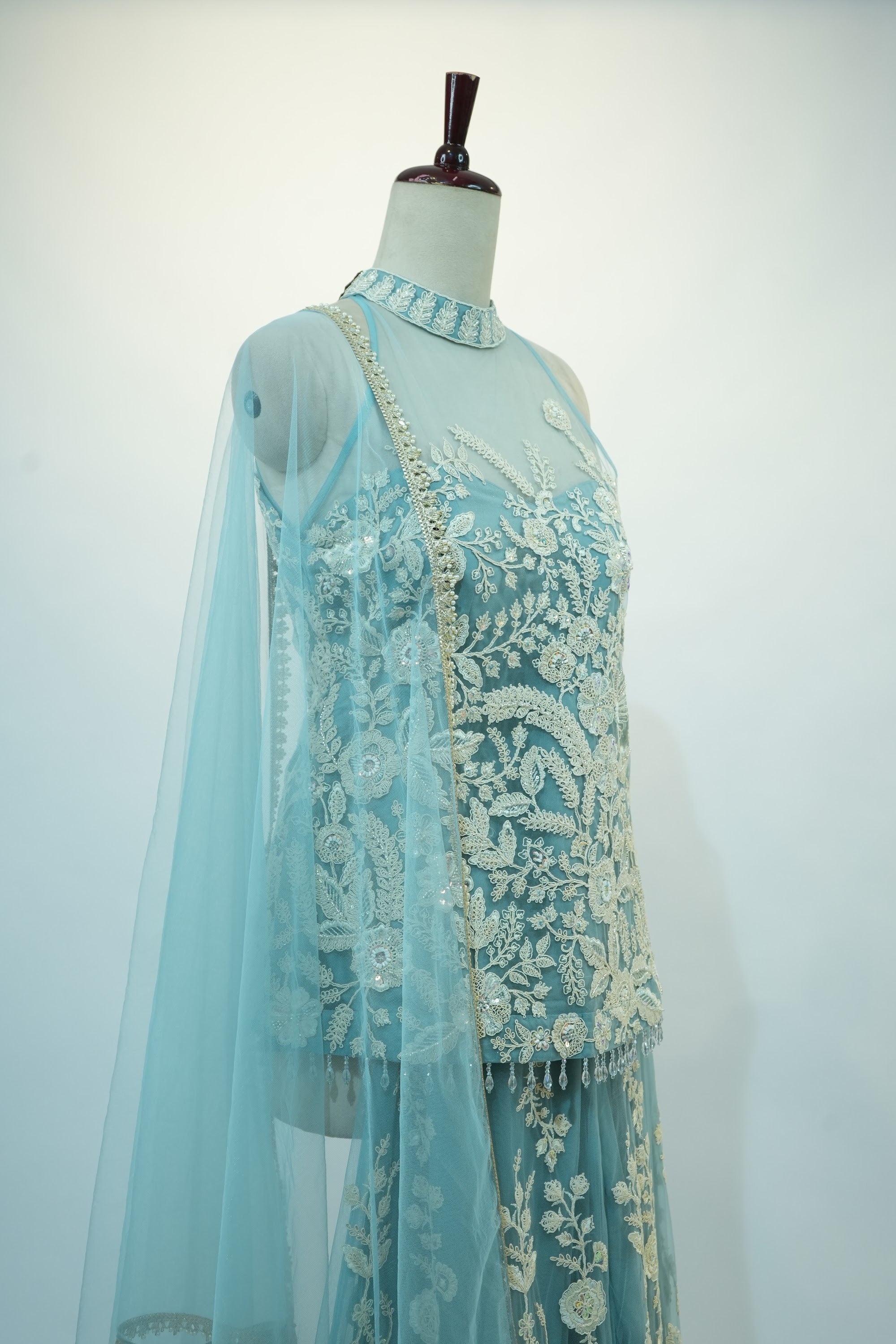 Ice Blue Lace Applique Sharara Set