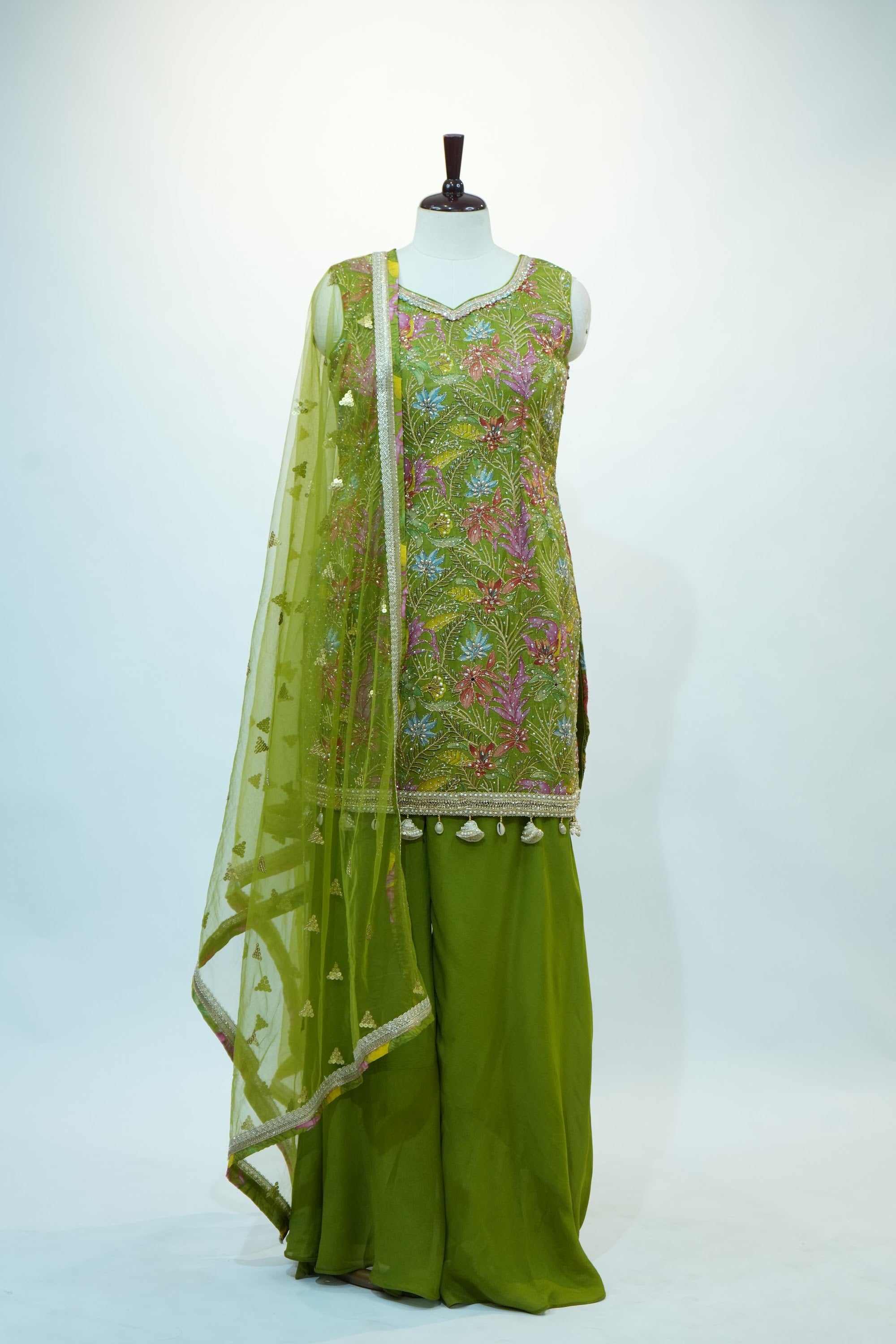 Mehendi Green Floral Embroidered Sharara Set