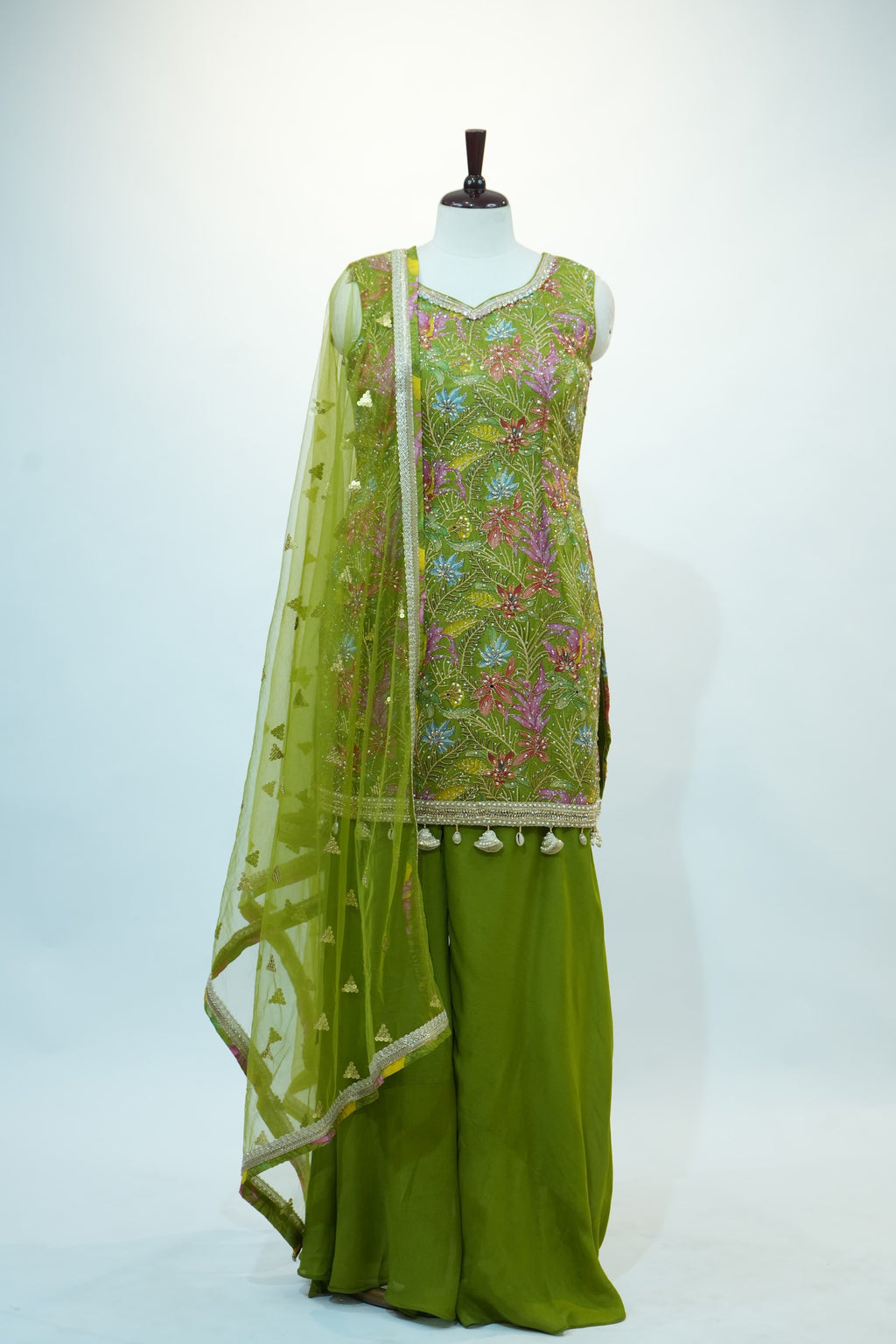 Mehendi Green Floral Embroidered Sharara Set