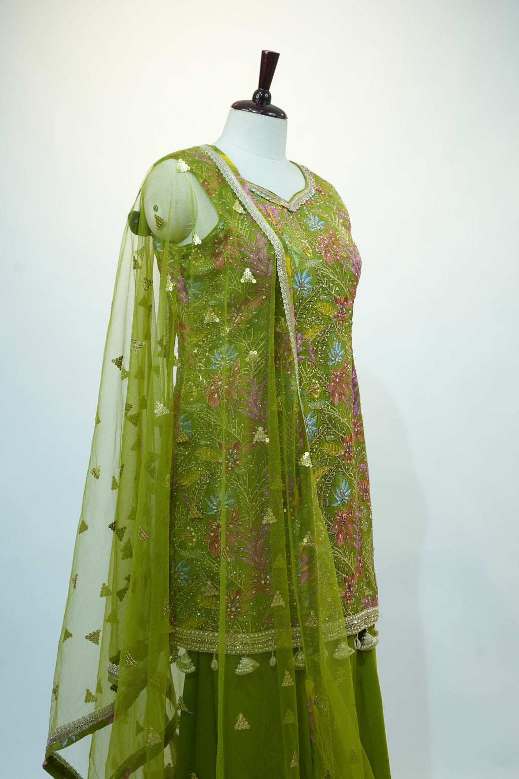 Mehendi Green Floral Embroidered Sharara Set