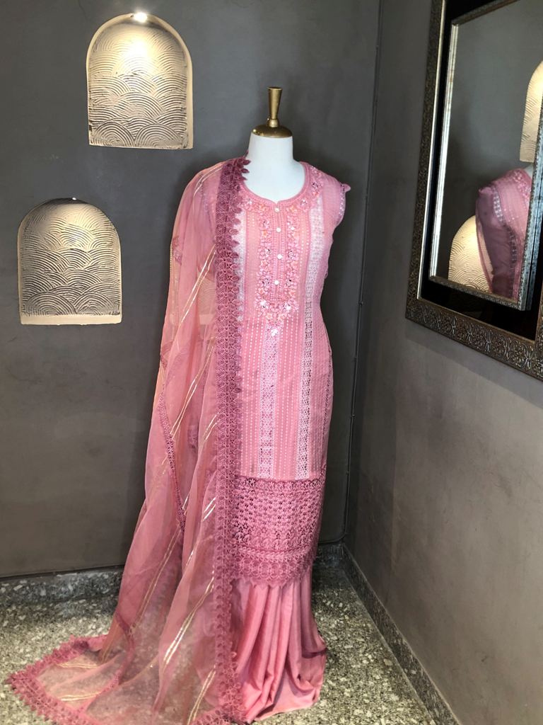 Organza Thread Work Semi- Stitched Suit