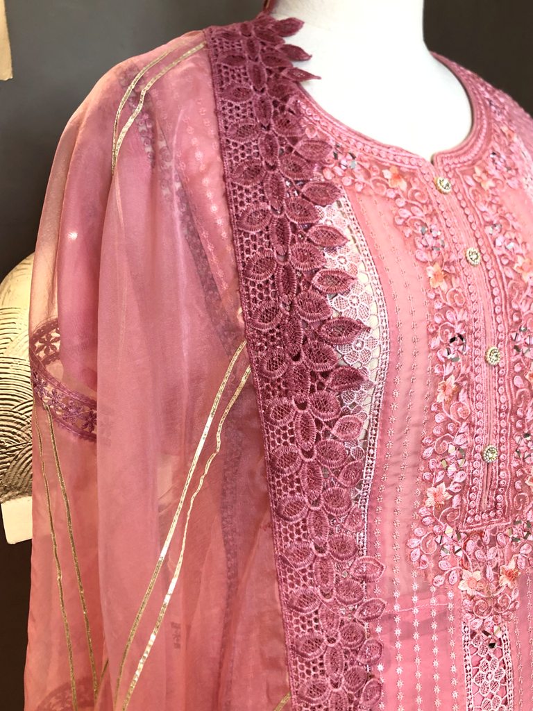 Organza Thread Work Semi- Stitched Suit