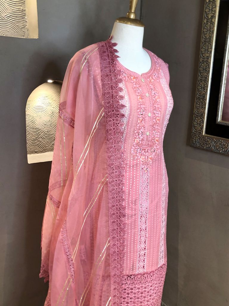 Organza Thread Work Semi- Stitched Suit
