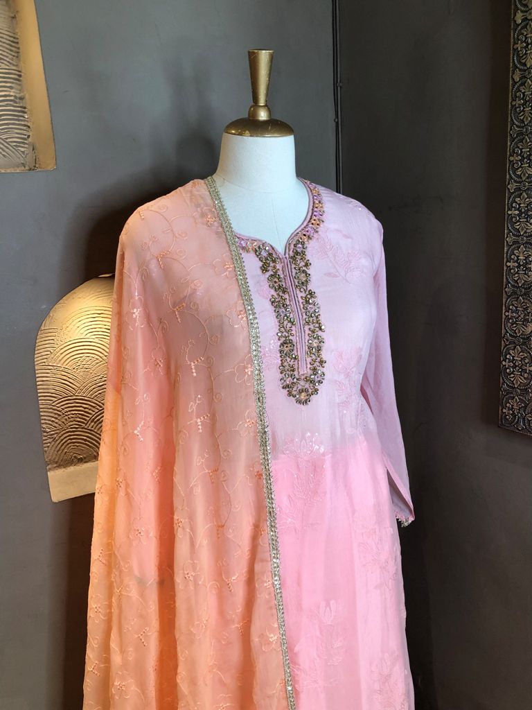 Chinon Suit With Embroidered Dupatta