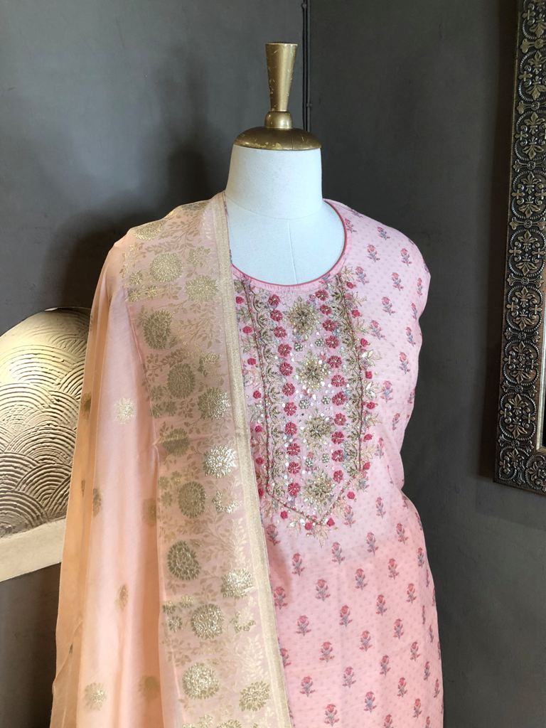 Cotton Printed Suit With Banarasi Dupatta