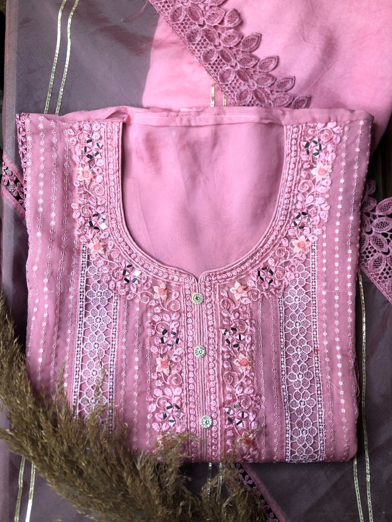 Organza Thread Work Semi- Stitched Suit