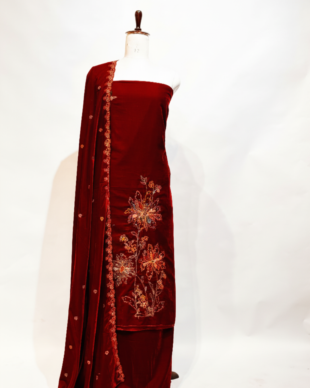 Deep maroon velvet unstitched suit