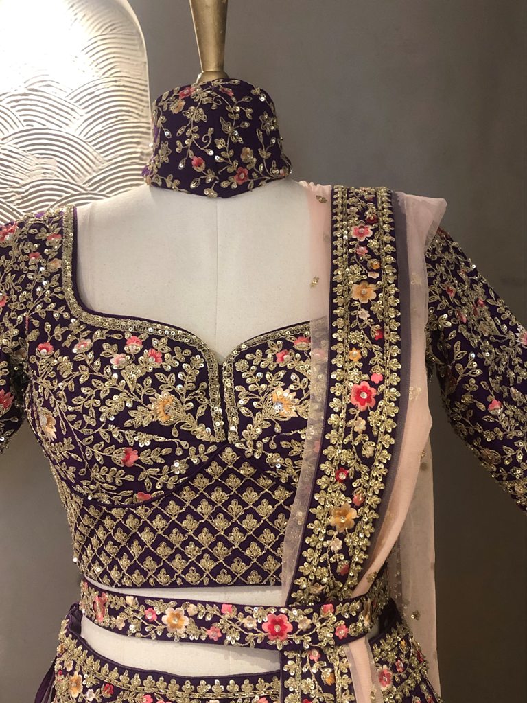 Crop Top with raw silk fabric hand work, color sequence ,dabka work,resham work